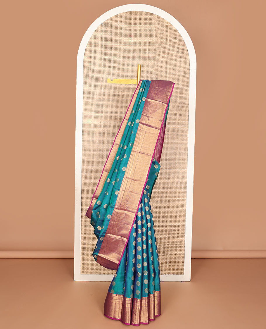 Blue zari buttas vasundhara silk mix saree, contrast border of thilakam, manga,kathir,mayil kann & rudraksham designs & intricate pallu