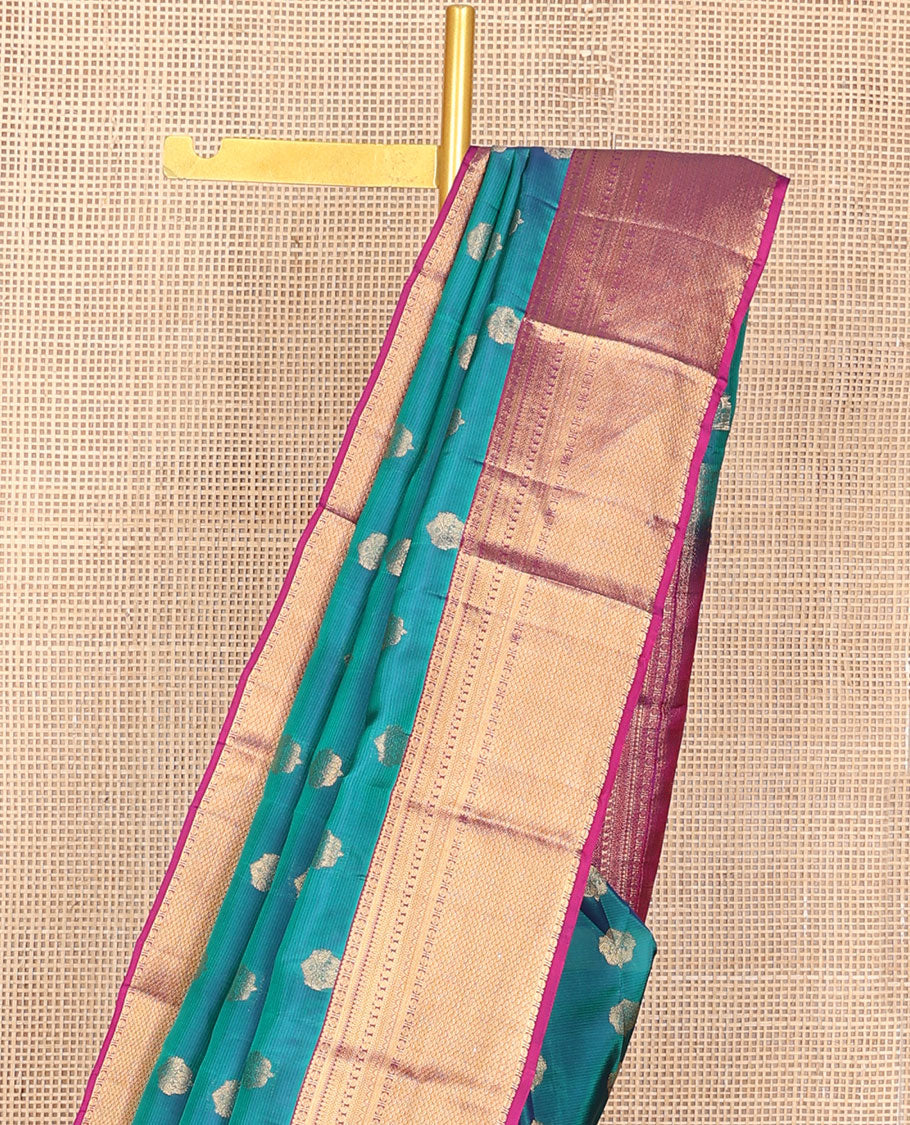 Blue zari buttas vasundhara silk mix saree, contrast border of thilakam, manga,kathir,mayil kann & rudraksham designs & intricate pallu