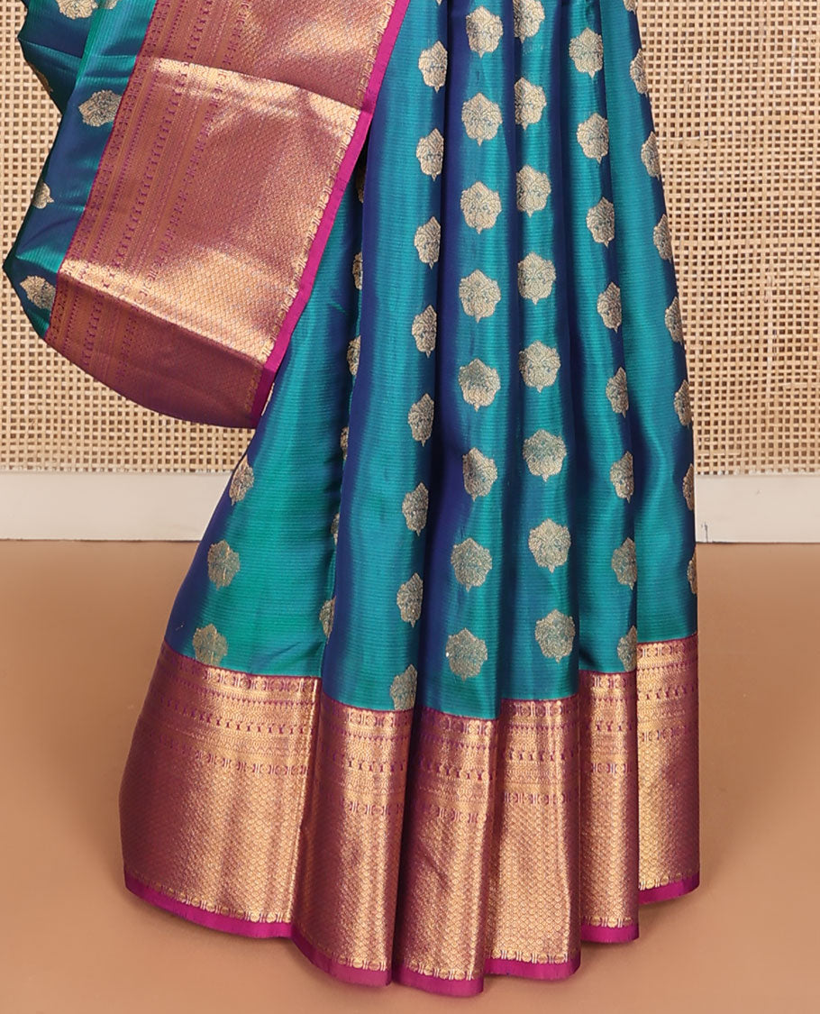 Blue zari buttas vasundhara silk mix saree, contrast border of thilakam, manga,kathir,mayil kann & rudraksham designs & intricate pallu