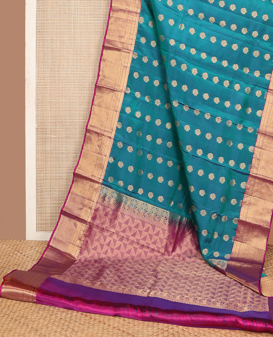 Blue zari buttas vasundhara silk mix saree, contrast border of thilakam, manga,kathir,mayil kann & rudraksham designs & intricate pallu