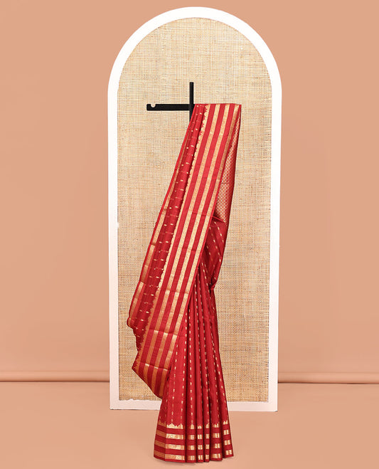 Rust Vasundhara Silk Mix Saree, Beautified with Zari Buttas All Over Its Body, Highlighted by Varisai Pettu Border of Mayil, Laddu Kamalam, and Yaali Designs, Grand Pallu and Paired with a Matching Blouse