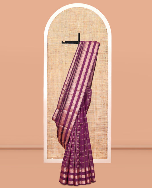 Purple Vasundhara Lite Silk Mix Saree, Impeccably Styled with Zari Butta Enclosed Checks, a Zari Border of Muthu, Mayil, and Kuthirai Designs, Grand Pallu, and a Matching Blouse