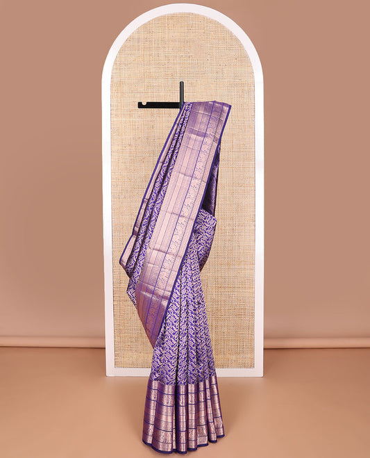Blue floral design kancheepuram silk saree with self border of rekku, banaras, muthu, mayil kann, mayil, yanaai design & zari design pallu
