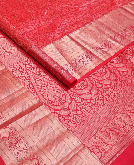 Red jacquard wedding silk saree, intricate pallu & border of thilakam,mayil kann,neli & mayil designs