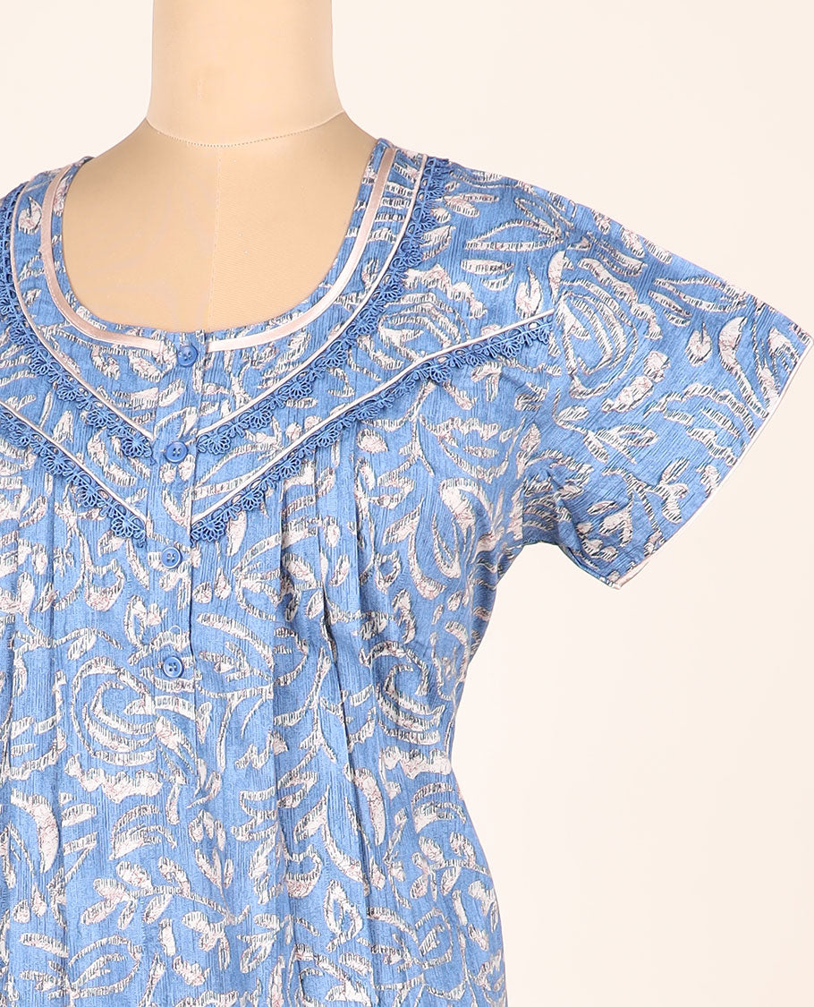 Blue unique printed & lace work round-neck half-sleeve button-type nighty
