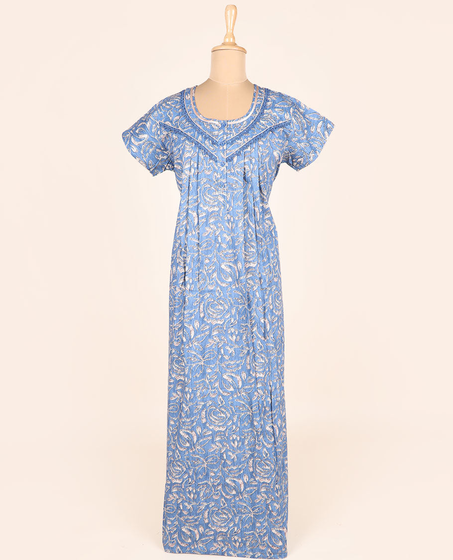 Blue unique printed & lace work round-neck half-sleeve button-type nighty