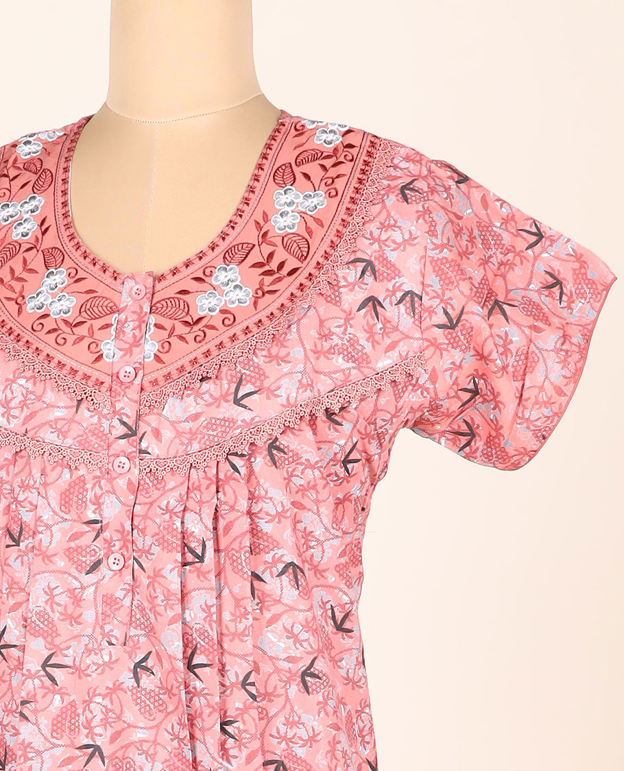 Peach floral vine printed & embroidery round-neck half-sleeve button-type nighty