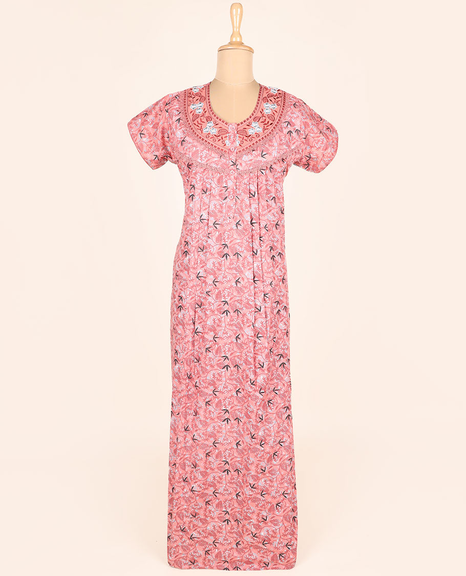 Peach floral vine printed & embroidery round-neck half-sleeve button-type nighty
