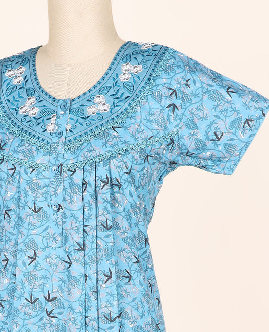 Blue floral vine printed & embroidery round-neck half-sleeve button-type nighty