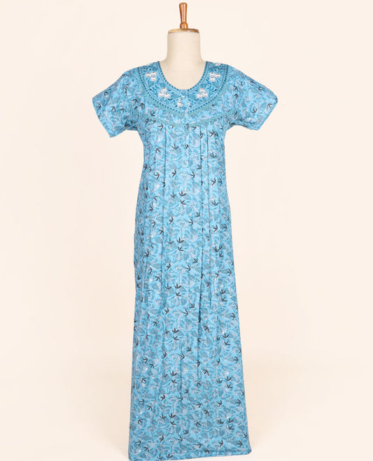 Blue floral vine printed & embroidery round-neck half-sleeve button-type nighty