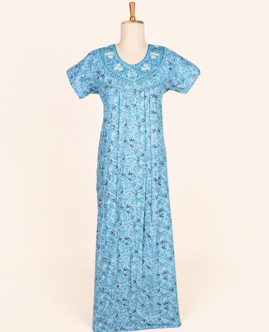 Blue floral vine printed & embroidery round-neck half-sleeve button-type nighty