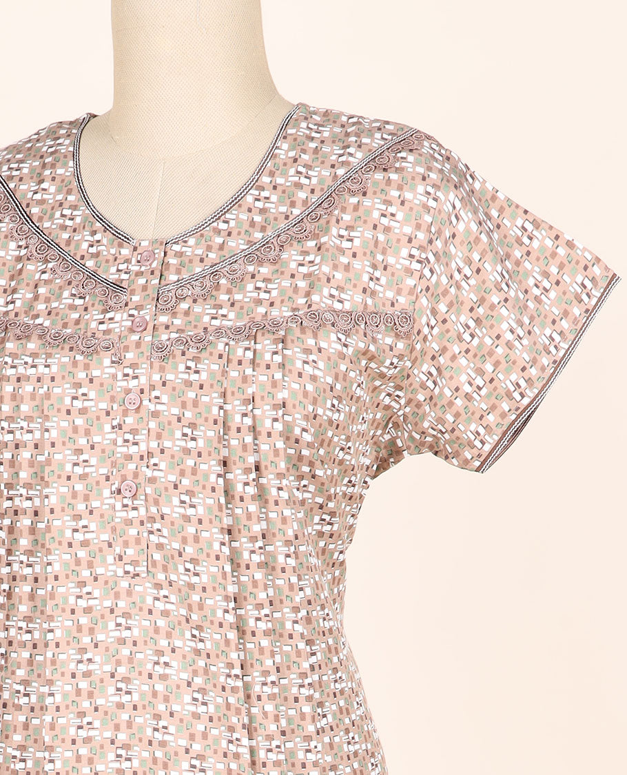 Pale brown geometric printed & lace work round-neck half-sleeve button-type nighty