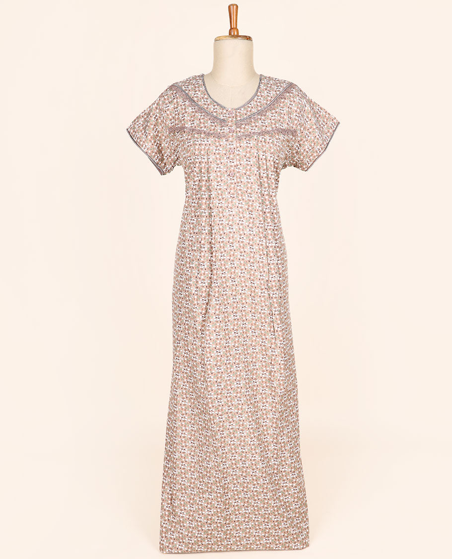 Pale brown geometric printed & lace work round-neck half-sleeve button-type nighty