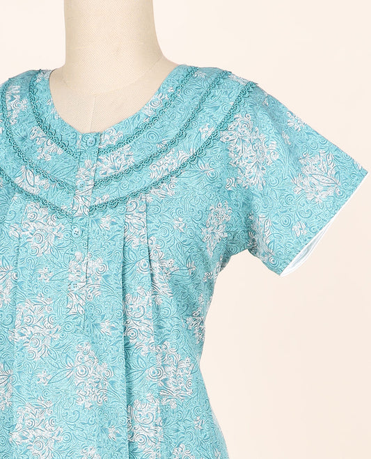 Blue floral printed & lace work round-neck half-sleeve button-type nighty