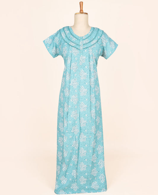 Blue floral printed & lace work round-neck half-sleeve button-type nighty