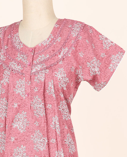 Pink floral printed & lace work round-neck half-sleeve button-type nighty