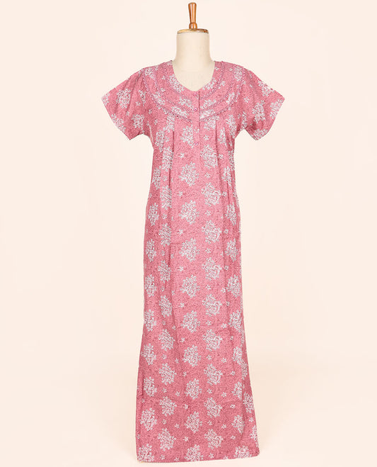 Pink floral printed & lace work round-neck half-sleeve button-type nighty