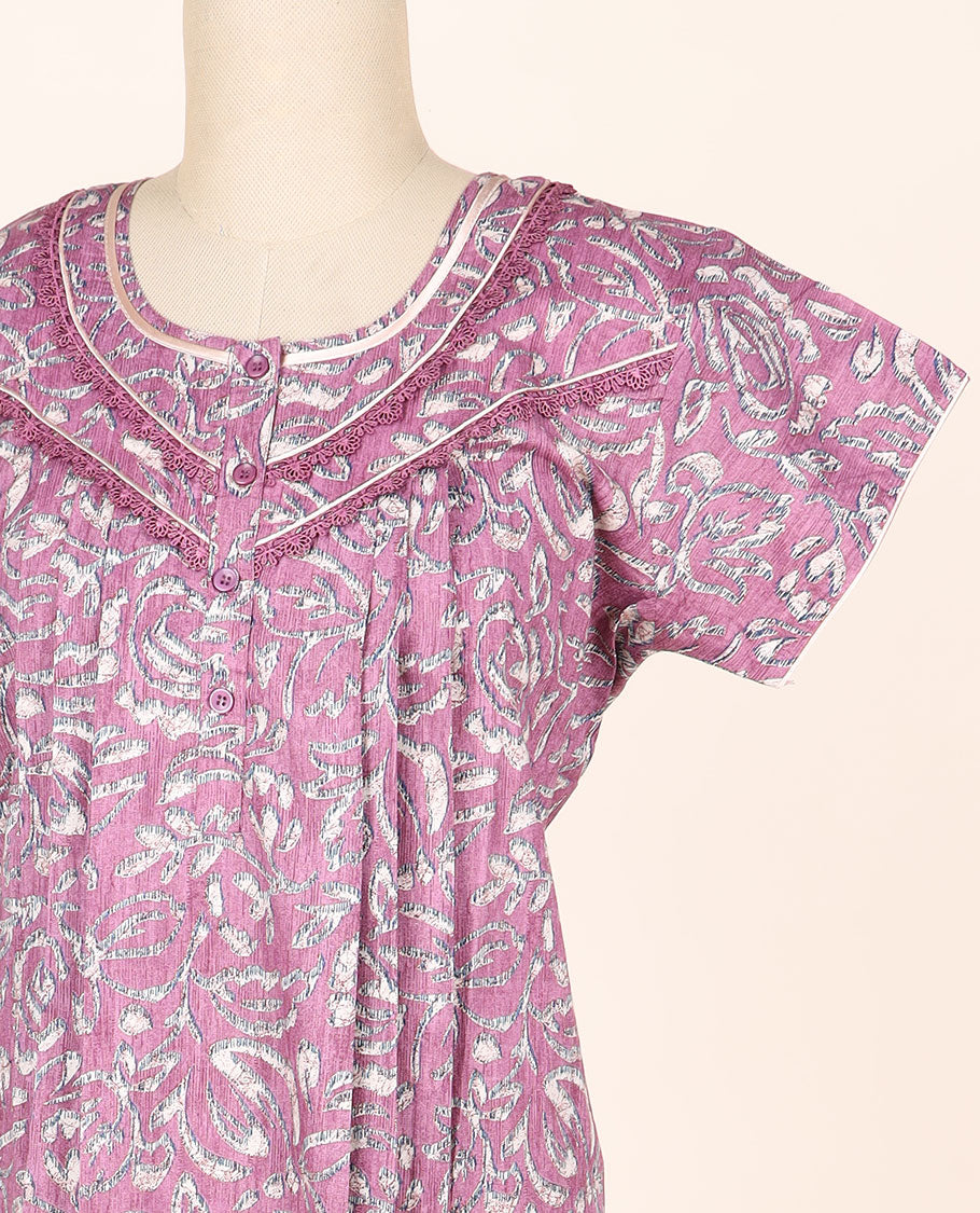 Purple unique printed & lace work round-neck half-sleeve button-type nighty