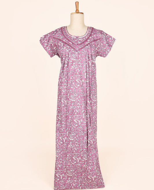 Purple unique printed & lace work round-neck half-sleeve button-type nighty