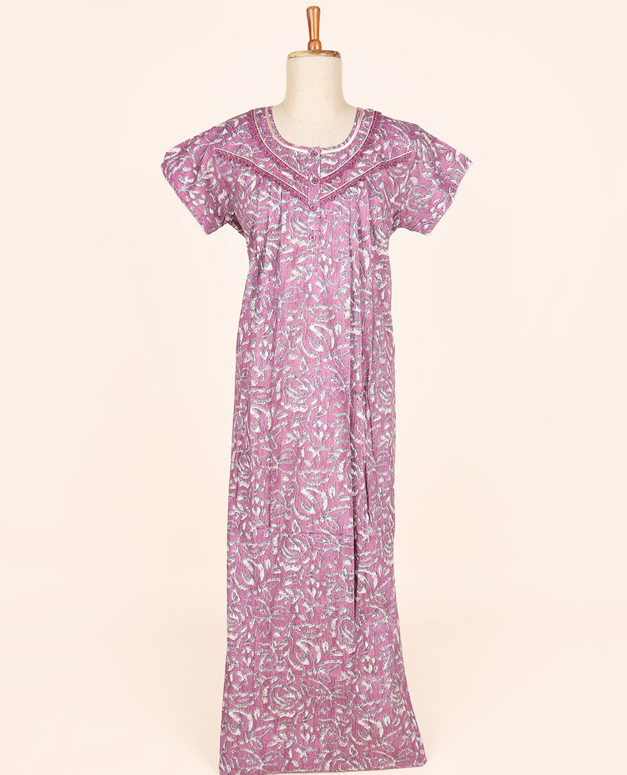 Purple unique printed & lace work round-neck half-sleeve button-type nighty