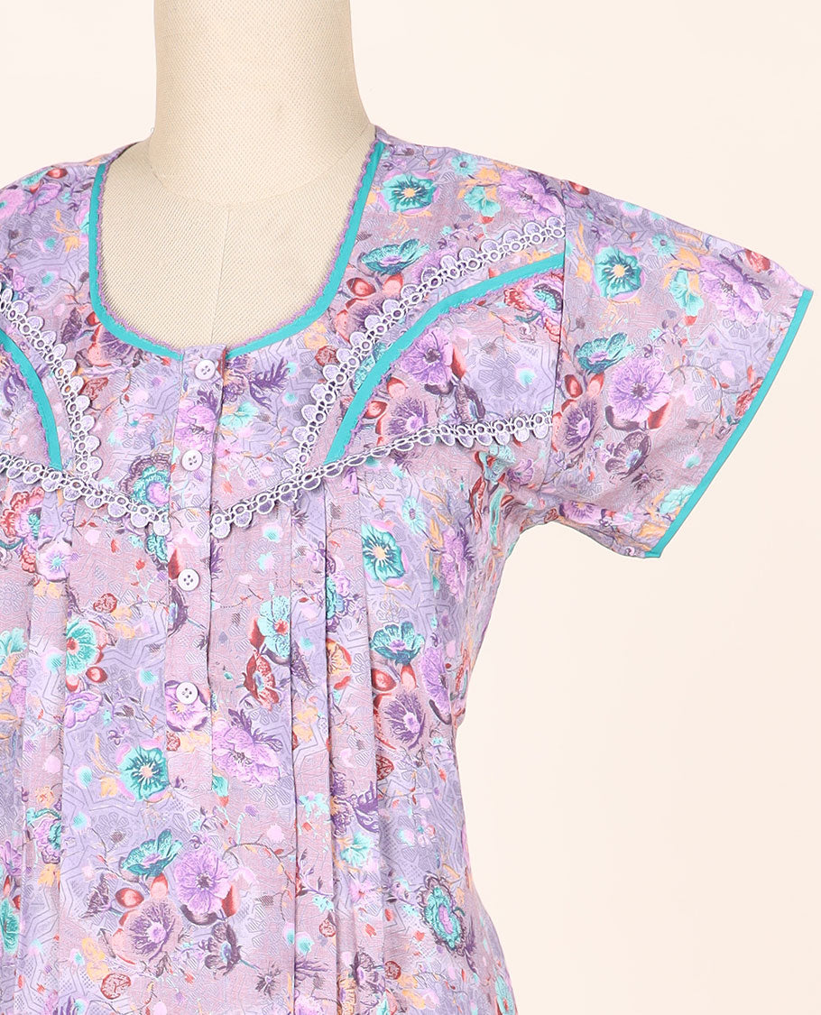 Lavender floral printed & lace work round-neck half-sleeve nighty