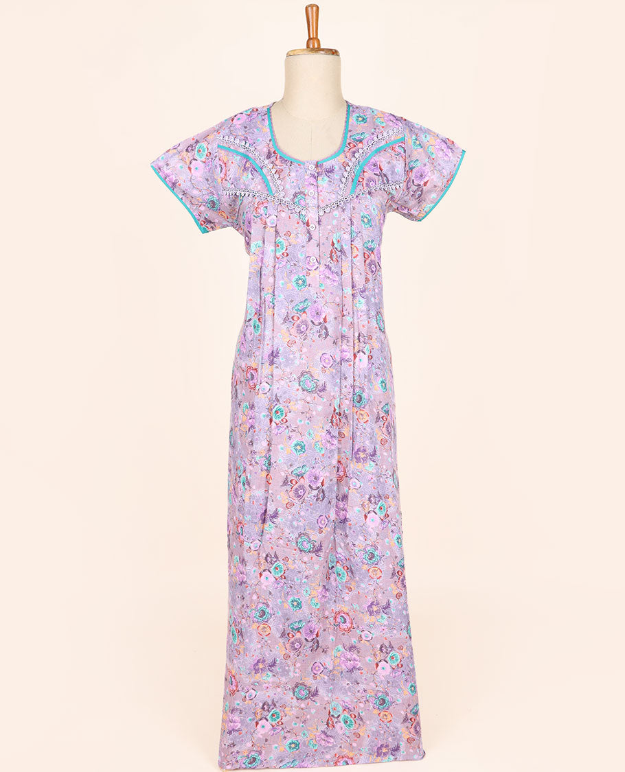 Lavender floral printed & lace work round-neck half-sleeve nighty