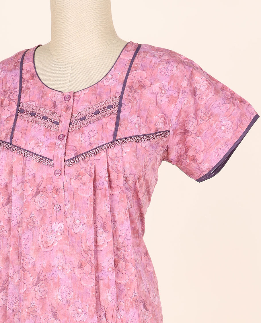 Pink floral printed & lace work round-neck half-sleeve nighty