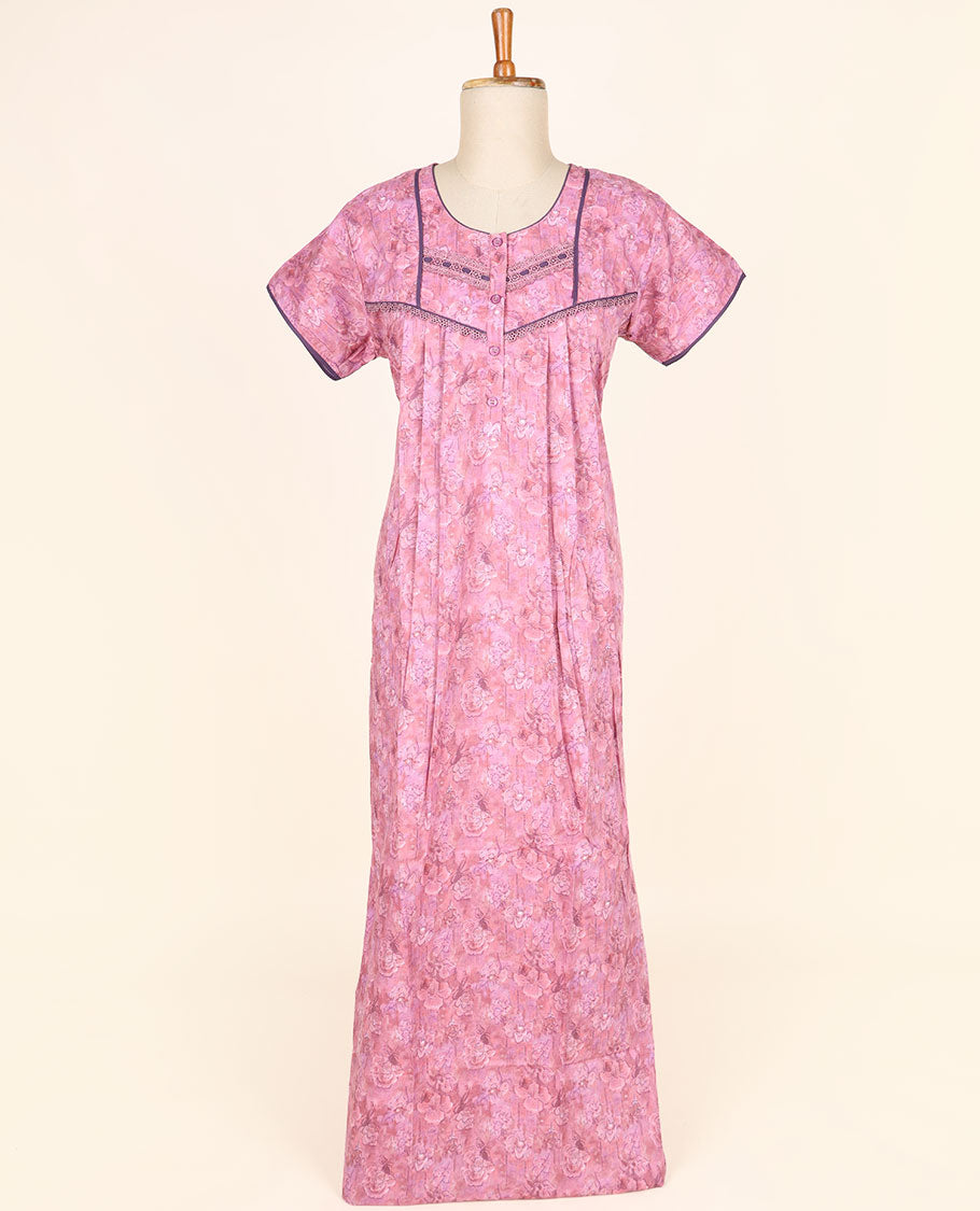 Pink floral printed & lace work round-neck half-sleeve nighty