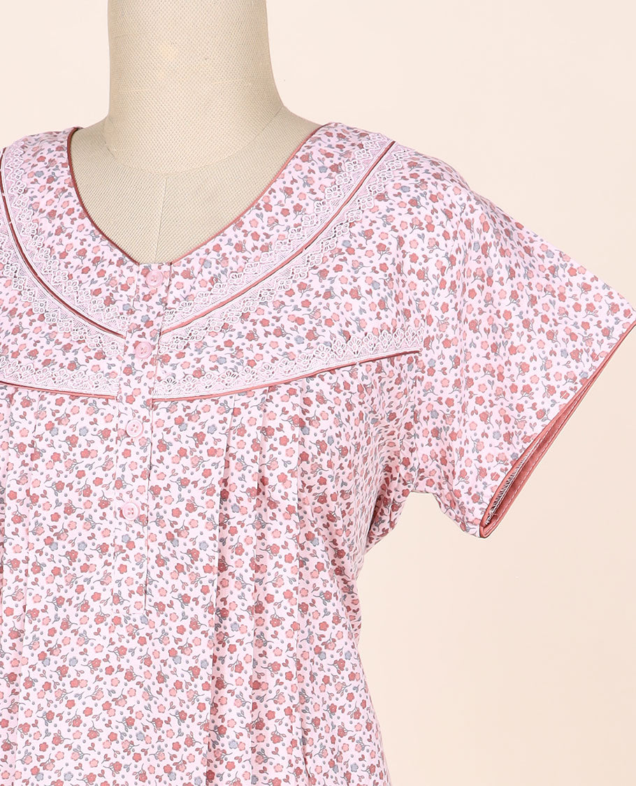 Pink micro-floral printed & lace work round-neck half-sleeve nighty