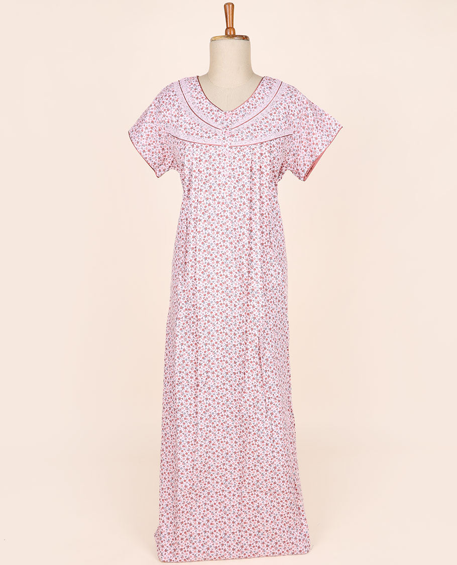 Pink micro-floral printed & lace work round-neck half-sleeve nighty