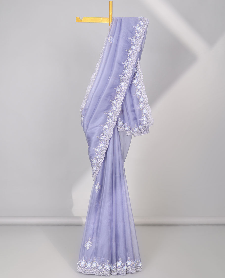 Lavender floral motifs embroidered designer catalog saree, scallop floral-theme embroidered border