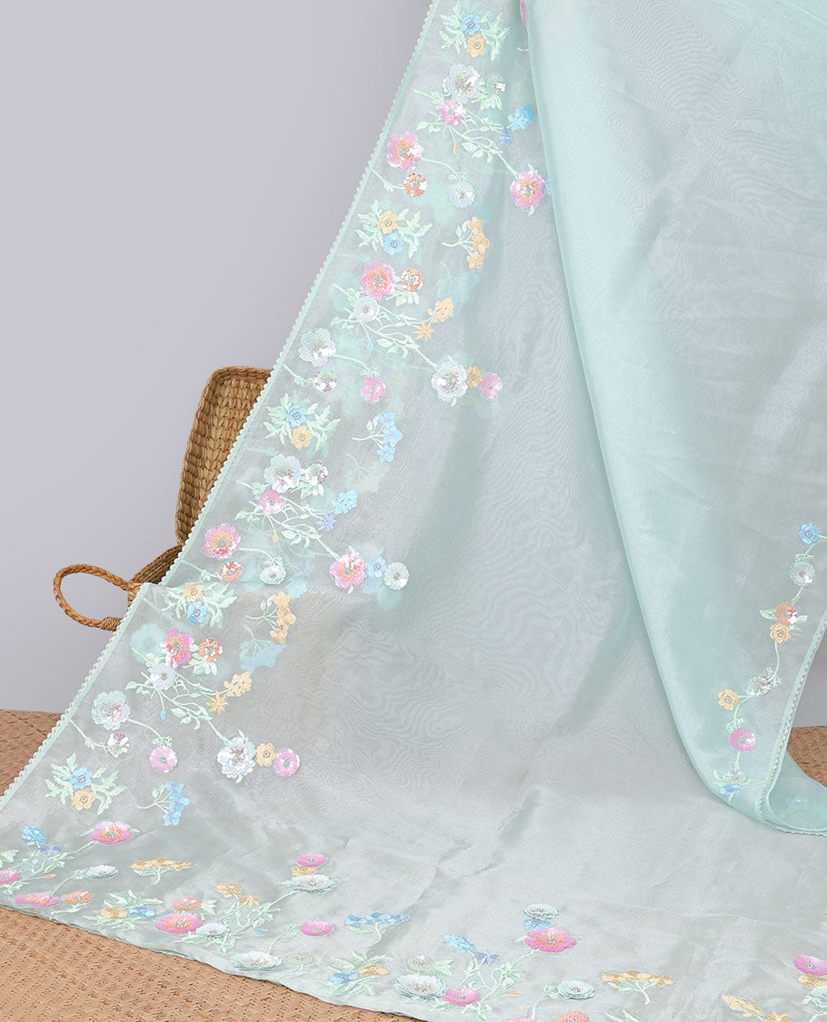 Pale green plain designer catalog saree, scallop border adorned with colorful floral vine embroidery