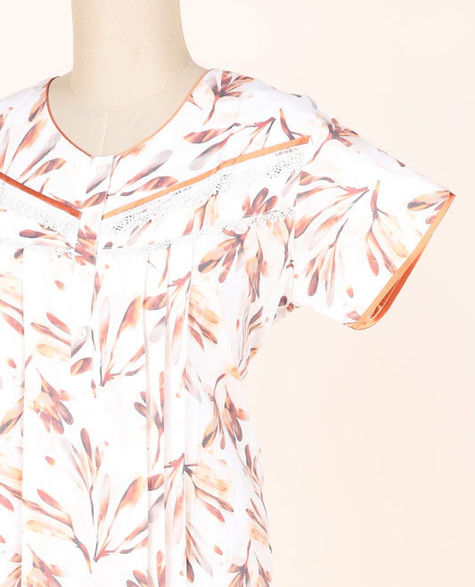 Cream floral printed & lace work round-neck half-sleeve nighty