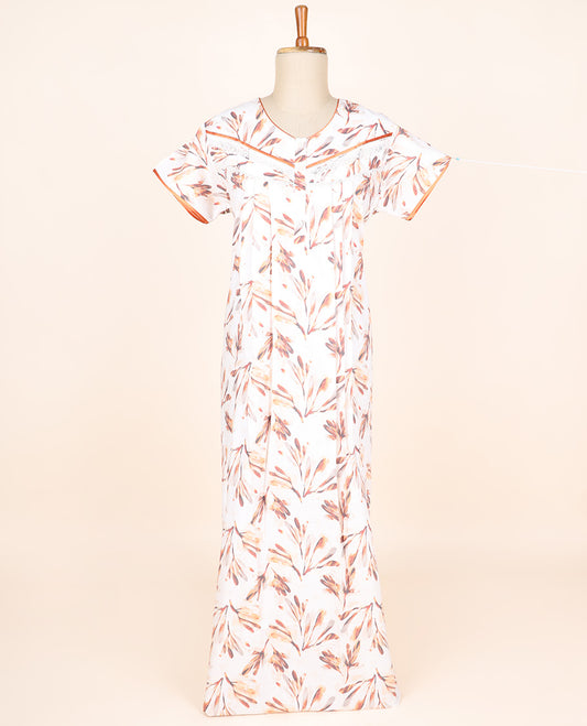 Cream floral printed & lace work round-neck half-sleeve nighty