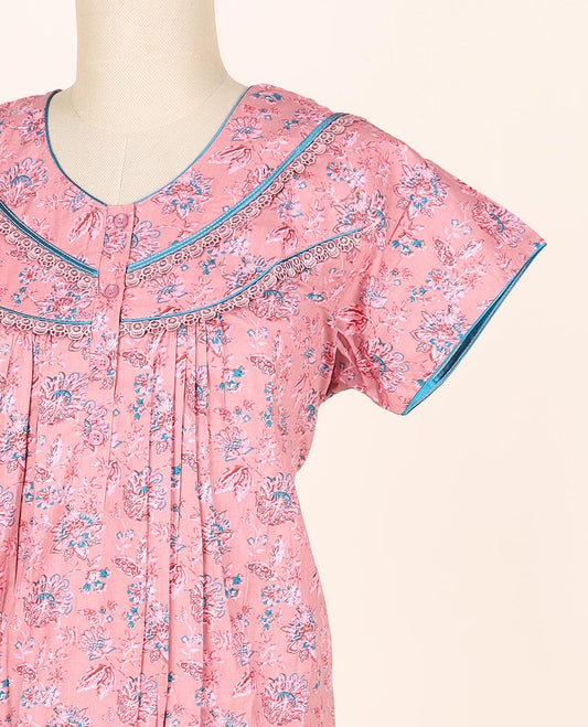 Pink floral printed & lace work round-neck half-sleeve nighty