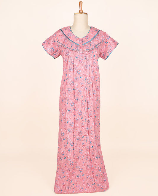 Pink floral printed & lace work round-neck half-sleeve nighty