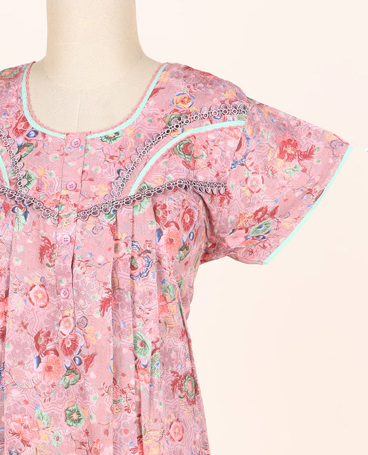 Pink floral printed & lace work round-neck half-sleeve nighty