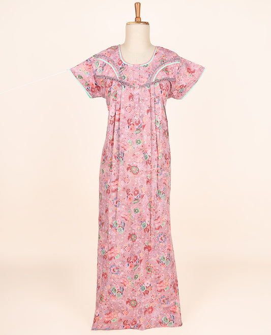 Pink floral printed & lace work round-neck half-sleeve nighty