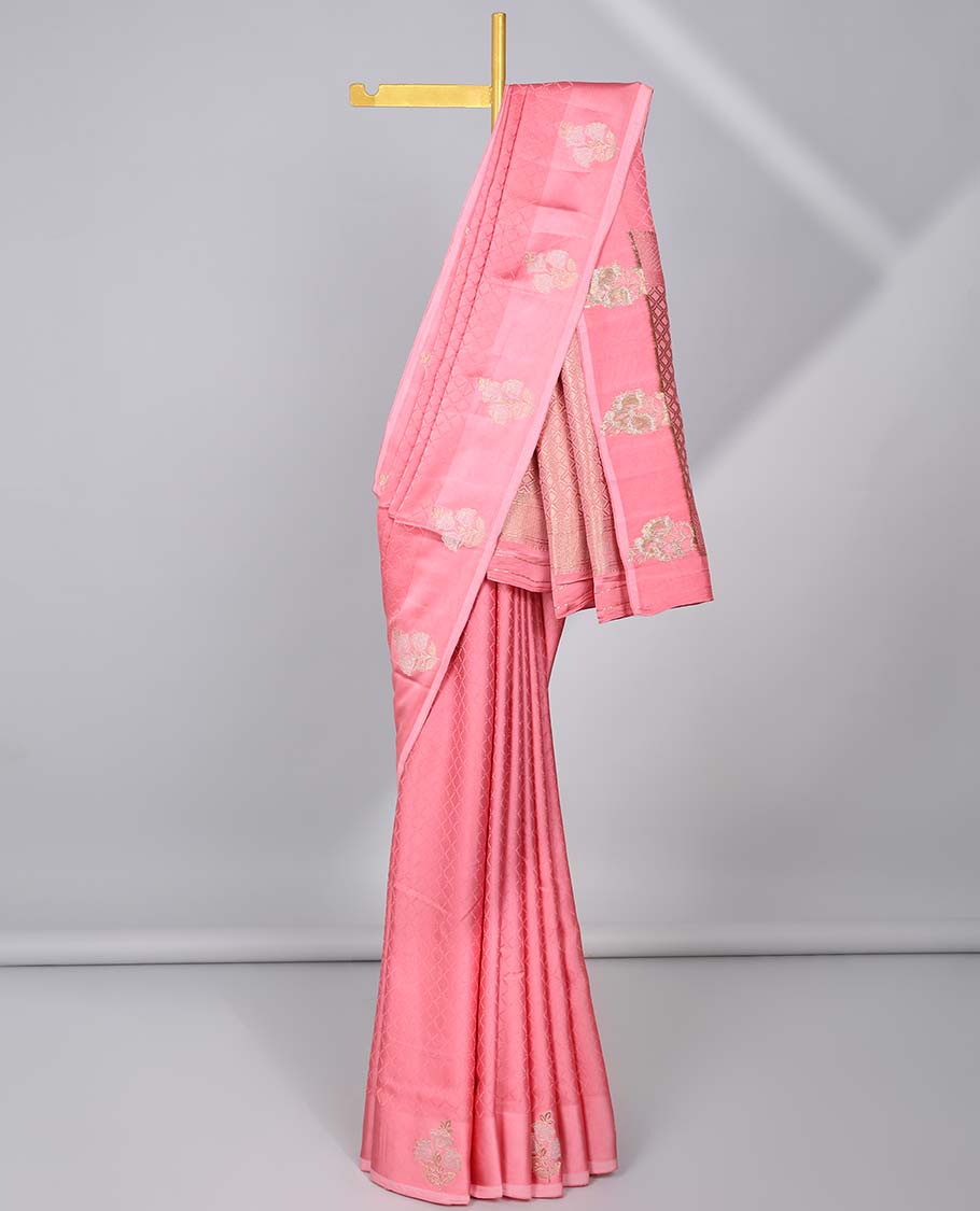 Pink jaal design Mushru silk saree, floral design border & pallu of intricate designs