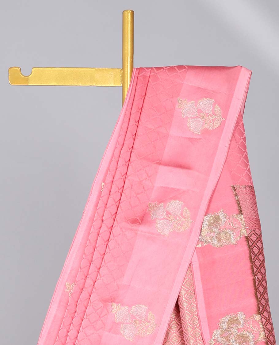 Pink jaal design Mushru silk saree, floral design border & pallu of intricate designs