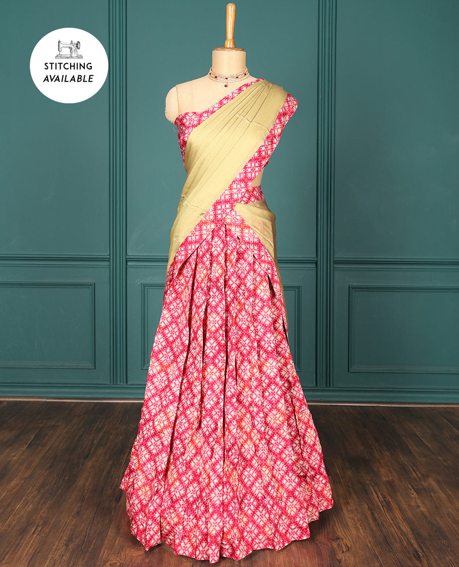 Red shibori printed half-saree, shibori printed blouse & contrast solid dhavani