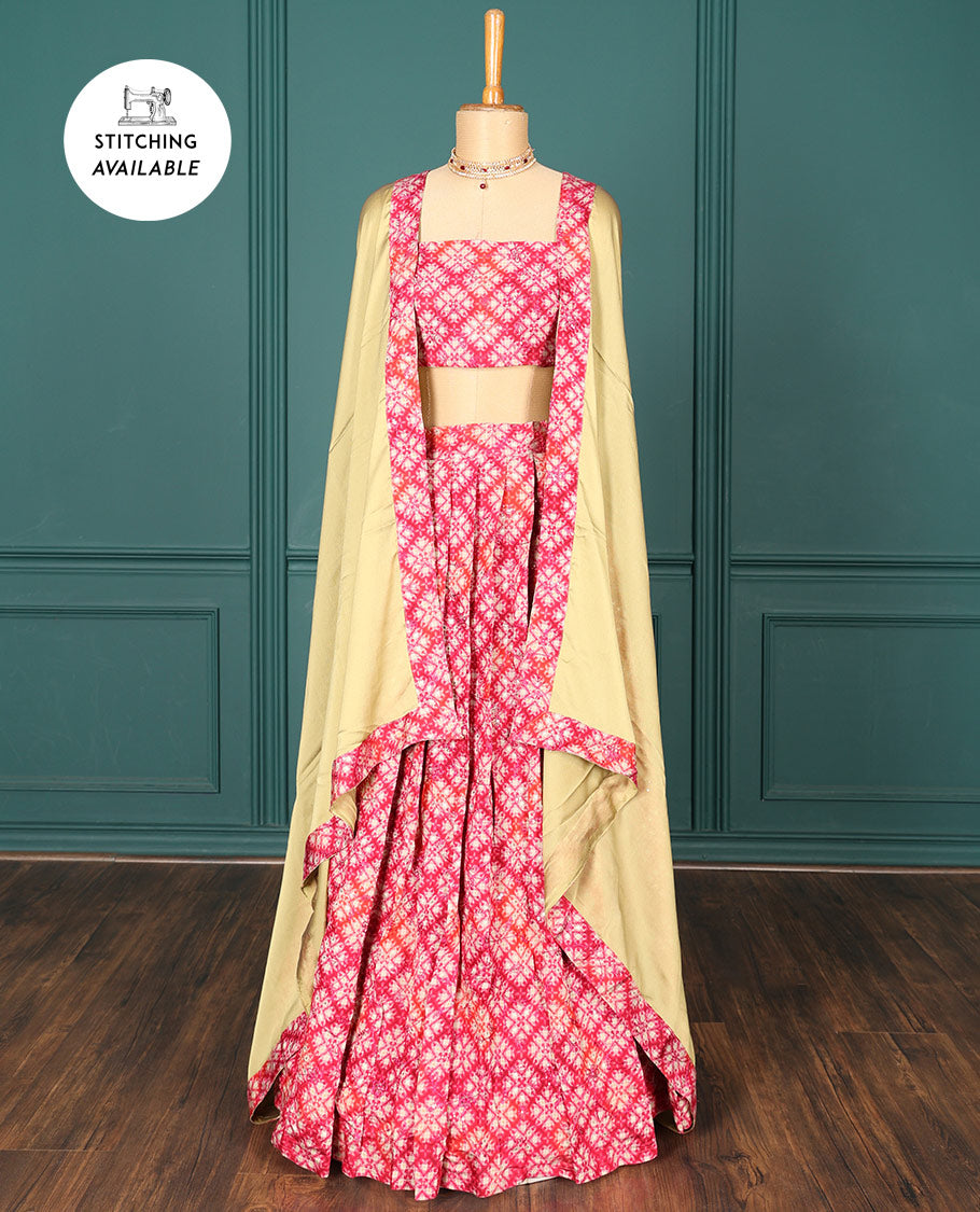 Red shibori printed half-saree, shibori printed blouse & contrast solid dhavani