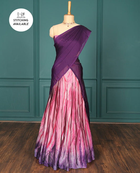 Pink abstract printed half-saree, abstract printed blouse & contrast solid dhavani