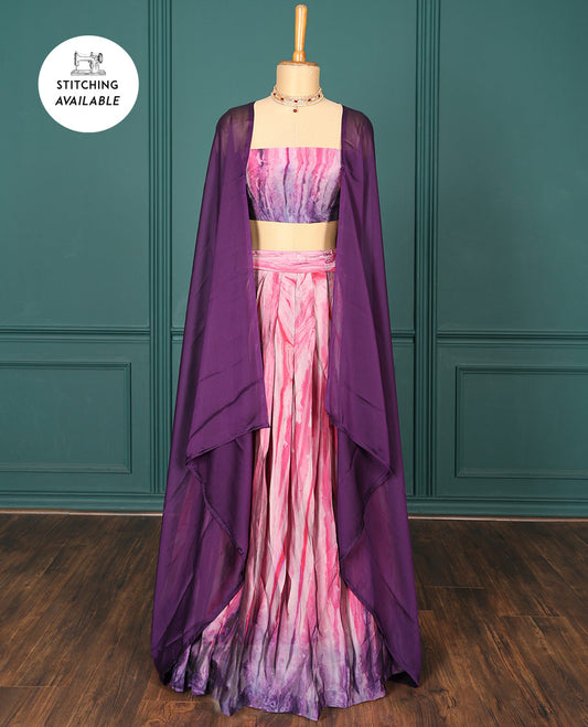 Pink abstract printed half-saree, abstract printed blouse & contrast solid dhavani