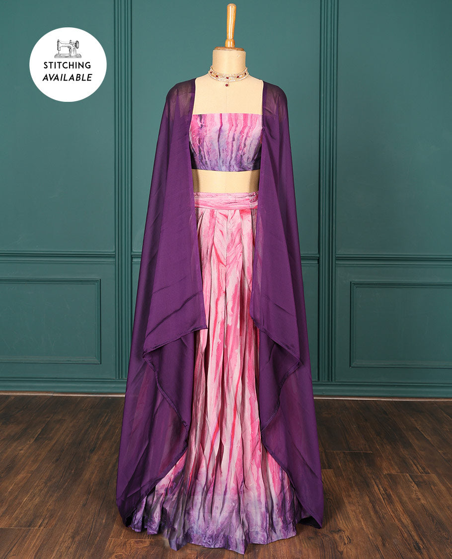 Pink abstract printed half-saree, abstract printed blouse & contrast solid dhavani