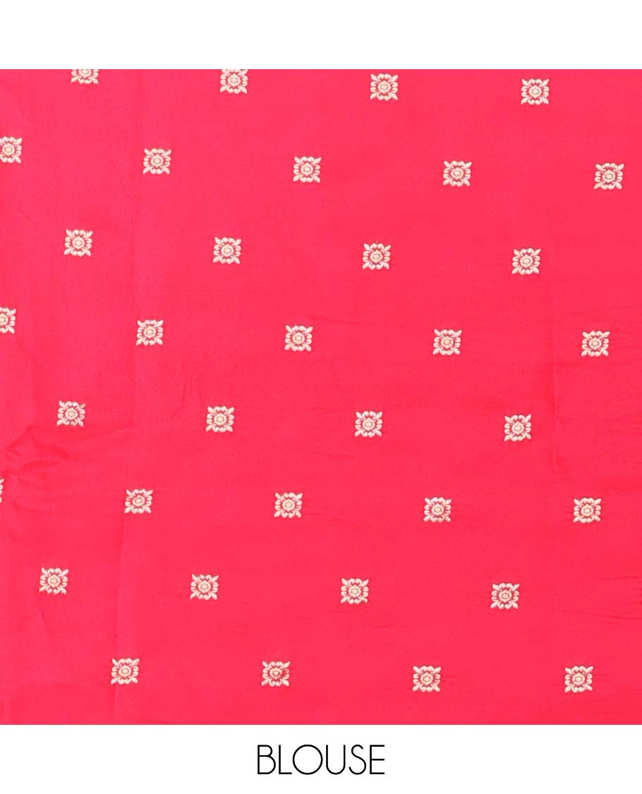 Red jaal design Mushru silk saree, bird design border & pallu of floral designs