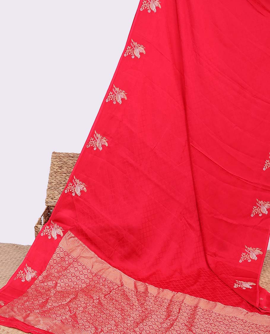 Red jaal design Mushru silk saree, bird design border & pallu of floral designs