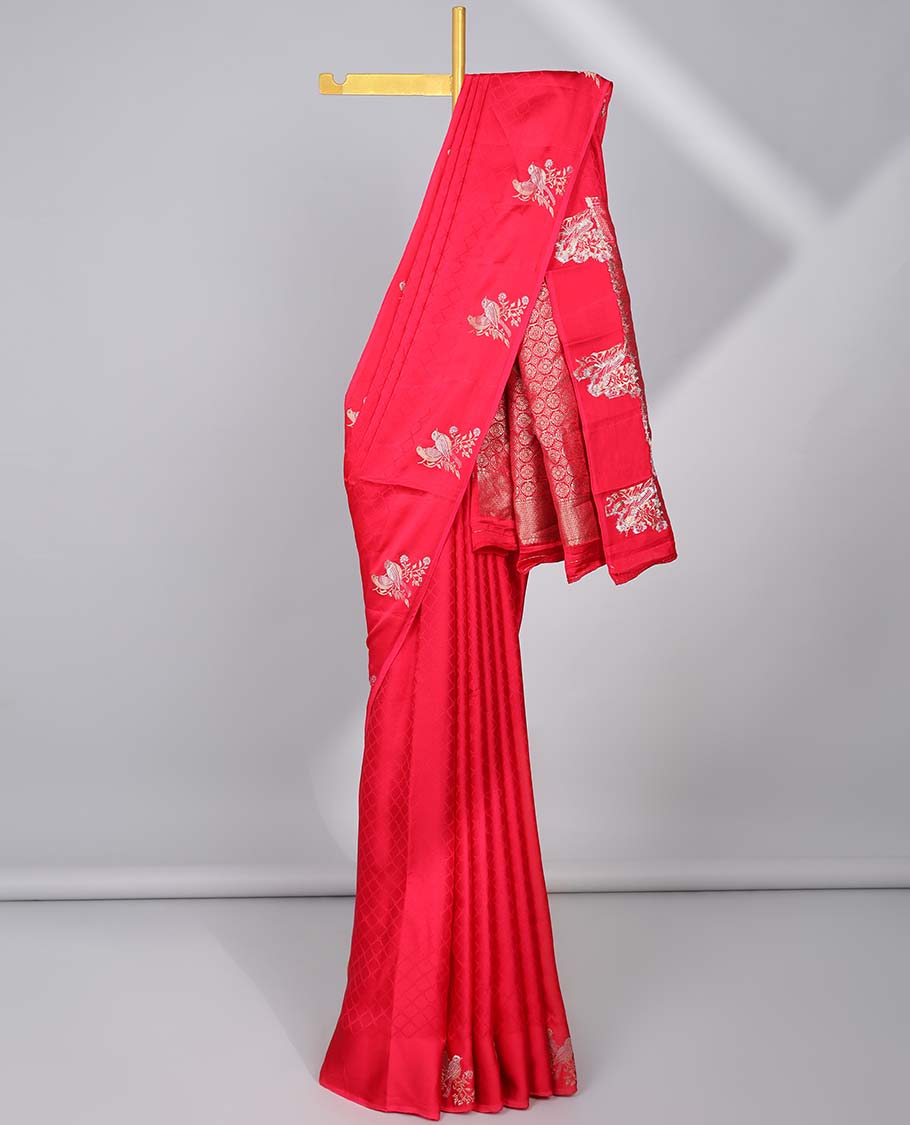 Red jaal design Mushru silk saree, bird design border & pallu of floral designs