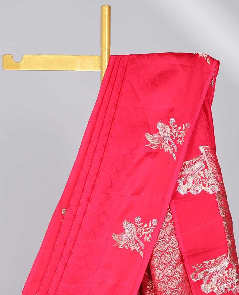 Red jaal design Mushru silk saree, bird design border & pallu of floral designs