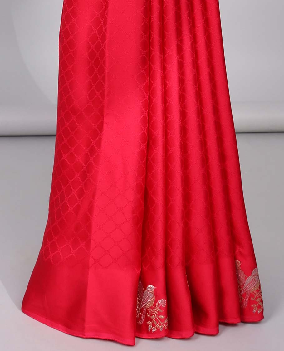 Red jaal design Mushru silk saree, bird design border & pallu of floral designs